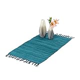 Relaxdays Flickenteppich Baumwolle, 50x80 cm, Teppichläufer mit Fransen, rutschfest & handgewebt, Fleckerlteppich, blau 10037718_562