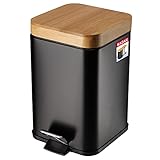 KADAX Abfallbehälter aus pulverbeschichtetem Stahl, 3L, Eimer mit Kübel und Fußpedal, Abfalleimer mit Absenkautomatik, Mülleimer mit Bambusdeckel (Schwarz)