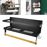 REFORUNG Gewürzregal Magnetisch Kühlschrank Regal Kohlenstoffstahl Gewürzbord Faltbar Küchenregal 30x11x10cm Gewürzhalter Magnet Hängeregal Schwarz Gewürz Organizer mit Küchenrollenhalter für Wand