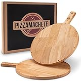 PIZZAMACHETE Premium Schneidebrett 2er Set I Pizzateller aus Holz I Hochwertiger Holzteller mit Griff I Serviertablett für Pizza, Flammkuchen und Brot