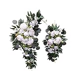 perfk Künstliches Hochzeitsbogen-Blumen-Set, Blumenkranz, Seiden-Pfingstrosen-Blumen-Swag, elegant, handgefertigt, für Kamin, Haustür-Dekoration, Weiß