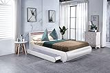 DRULINE LED Bett Florida Doppelbett Polsterbett Lattenrost mit Bettkasten & Lattenrost - Kunstleder Bezug & Holz Gestell Ehebett Bettgestell Gasdruckfeder Weiß 140x200