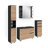 Vicco Badmöbelset J-Shape Anthrazit Eiche modern Badezimmer Schrank Spiegelschrank Midischrank Hochschrank Schranktür Schrankschublade Schrankfach Ablage Aufbewahrung (Badmöbelset 4)