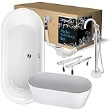 'aquaSu® Komplettset Acryl-Badewanne freistehend 180 x 80 cm | Duo-Badewanne Ovo | mit Wannenschürze | höhenverstellbare Wannenfüße | Excenter-Ablaufgarnitur | Stand-Armatur | Weiß | 83184 0