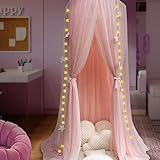 Rosa Moskitonetz Kinder Betthimmel Babybett Baldachin Prinzessin Moskitonetz Dekor Höhe 300cm mit Sternen Dekoration & 40 Sternenlichter,Kuppel Premium Garn Netting Vorhänge