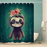 MOXINO Faultier Duschvorhang Anti-Schimmel 180x200 cm Polyester Stoff Textil Waschbar Badvorhang 3D Kawaii Faultier Motiv Design Shower Curtain Wasserdicht Badezimmer Vorhänge mit 12 Haken