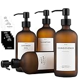 MONOKO 4er Set Seifenspender Braun Matt aus Glas | Shampoo Flaschen zum Befüllen | 500ml Spülmittelspender Küche | Spender Pumpkopf Edelstahl | Pumpflasche + Aufkleber