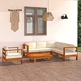 BULANED 7-TLG. Garten-Lounge-Set mit Creme Auflagen, Gartenlounge, Balkon Möbel, Terrassenmöbel, Lounge Gartenmöbel Set, Loungemöbel Terrasse, Balkon Lounge Set, Massivholz Akazie