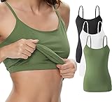 vislivin Damen Unterhemd mit Regal-BH Baumwoll Trägershirt Spaghetti Top Verstellbaren Spaghettiträger Trägertop Schwarz/Weiß/Armeegrün XL