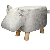 WOMO-DESIGN Tierhocker für Kinder Nilpferd, 65 x 31 x 37 cm, Kunstleder, Weiß-Grau, Massivholzbeine, Kinderhocker gepolstert Tier-Design Sitzbank Sitzhocker Polsterhocker Fußbank Fußhocker Dekohocker