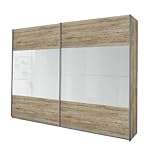 Rauch Schwebetürenschrank Eiche San Remo Hell NB 2-türig, Glas Absetzung Weiß Hochglanz, BxHxT 136x210x62 cm