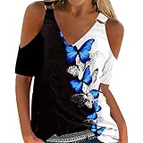 Sportshirts Kurz Damen Damen Freizeithemd Sommer Schulterfrei Top V-Ausschnitt Bluse Einfarbig Top Kurzarm T-Shirt Top Enge