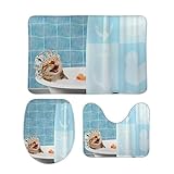 3-teiliges Badematten-Set, lustige Katze, WC-Deckelbezug, rutschfeste Badezimmerteppiche