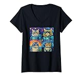 Damen Van Gogh Style Art Katze Portrait Gemälde T-Shirt mit V-Ausschnitt