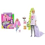 Barbie GRN28 - Extra Puppe, Flauschiger Pinker Mantel mit Einhorn-Schweinchen & HDJ44 - Extra Puppe #11 in übergroßem T-Shirt & Leggings mit Haustier Papagei, extra langes neongrünes Haar & Zubehör