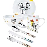 Sterngraf Kinderset Natura Dschungel-Tiere 7tlg. mit Gravur auf der Besteck-Rückseite (z.B. Namen) Kinderbesteck + Kindergeschirr (Teller, Schale, Tasse)