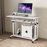 Dripex Schreibtisch höhenverstellbar, Computertisch mit Rollen, Schreibtisch klein auf Rollen, platzsparender Laptoptisch mit Tastaturauszug und Regal, PC Tisch klein für Home Office, Heimbüro, Weiß