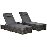 Outsunny Poly-Rattan Sonnenliege 3-TLG. Gartenliege mit 6-Fach Verstellbarer Rückenlehne Beistelltisch Nackenkissen Gartenmöbel Aluminium Grau 60 x 195 x 91 cm