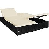 Casaria Polyrattan Sonnenliege XXL 160x196cm 2 Klapptischen 7cm Auflagen Wetterfest 5Fach Verstellbar Rücken- Fußlehne Outdoor Gartenliege Schwarz Creme