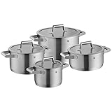 WMF Comfort Line Topfset Induktion 4-teilig, Kochtopf Set mit Glasdeckel, Cromargan Edelstahl mattiert, Skalierung, Töpfe Set stapelbar, unbeschichtet
