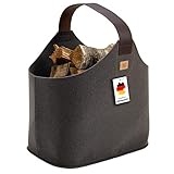 Filz Holzkorb für Kaminholz - Made in Germany - Kaminholzkorb aus Upcycling PET Filz - Lederboden und Echtleder Henkel - Filzkorb Kaminholz mit 2 Aufsatztaschen - easy and green® (Trüffelgrau)