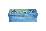 PUSHPACRAFTS Mangoholz Schmuckkästchen – Schmuckaufbewahrung – Andenkenkiste – Aufbewahrungsbox – Bohemian Hand Painted Blue Distress 3 Keramikfliesen Box