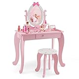 DREAMADE 2 IN 1 Kinder Schminktisch mit Hocker und abnehmbarem Spiegel, Kinderschmink aus Holz, Frisierkommode, Kosmetiktisch, Prinzessin Frisiertisch mit Schublade für Kinder Mädchen