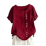 Leinenoberteile Damen Große Größen Asymmetrische Oberteile mit Kurzarm Einfarbige Shirts mit Knopfleiste Lose Lässige Tops aus Leinen Sommer Freizeit Oberteile bis Gr.52