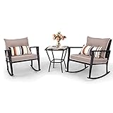 GIANTEX Rattan Schaukelstuhl Set, Balkon Set 2 Personen, Balkonmöbel Set 3 teilig mit 1 Couchtisch & 2 Schaukelstühle, Gartengarnitur Gartenset Rattan Sitzgruppe (Braunen Kissen)