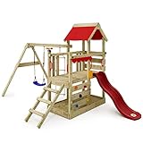 WICKEY Spielturm Klettergerüst TurboFlyer mit Schaukel & roter Rutsche, Outdoor Kinder Kletterturm mit Sandkasten, Leiter & Spiel-Zubehör für den Garten