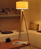 Aigostar Stehlampe Dreibein Holz Wohnzimmer, Stehlampe Vintage mit Leinenschirm Lampenschirm und Fußschalter, Hochwertiges Massivholz, Skandinavischer Stil, für Wohnzimmer, Schlafzimmer, Beige