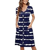 Sommerkleid Damen Shirtkleid Chiffon Kurzarm A-Linie Damen Sommer Mode Kurzarm Kleider Knielanges Kleid Mit Knöpfen Und Taschen Karierte Kleider Damen Plisseerock Neckholder Sommerkleid Damen