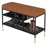 Schuhschrank 2 Ebenen Aufbewahrungsbank mit Metallrahmen, Schuhregal mit Kissen, Sitzfußpolster-Design, für Eingangsbereich, Schlafzimmer (Farbe: braun-schwarz, Größe: 100 x 32 x 47 cm)