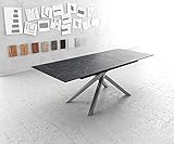 DELIFE Esszimmertisch Edge Laminam® Keramik Grau 180-220x90cm Mittelfuß Kreuz Silber Ausziehbar Gestell: Kreuzgestell Rechteck Edelstahl
