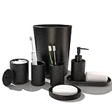 Badezimmer Zubehör Set, LKKL 7-teilig Bad Set mit Mülleimer Seifenspender Seifenschale Zahnputzbecher Zahnbürstenhalter Qtip Halter Badezimmer Tablett Modern Bad Accessoires Komplettset, Schwarz