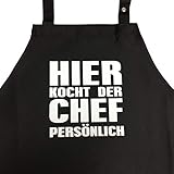 Hier kocht der Chef persönlich - Kochschürze, lustige Grillschürze für den Mann mit verstellbarem Nackenband und Seitentasche (Schwarz)