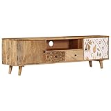 TV-Schrank, TV-Regal, Lowboard, Fernsehtisch, Entertainment Center mit 2 Türen, 2 Schubladen und 1 Fach, für Wohnzimmer & Schlafzimmer, 140x30x40 cm Massivholz Mango