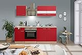respekta Einbau Küche Küchenzeile 210 cm Eiche Sonoma Sägerau Front Rot inkl. Designer-Schräghaube