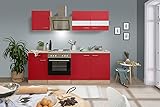 respekta Einbau Küche Küchenzeile 210 cm Eiche Sonoma Sägerau Front Rot inkl. Designer-Schräghaube