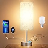 Kakanuo Nachttischlampe Touch Dimmbar mit Typ-C+USB A-Anschlüssen LED-Birne Inklusive, Tischlampe mit Weißer Leinen-Lampenschirm Metallfuß, Nachtischlampe für Schlafzimmer Wohnzimmer Babyzimmer Büro