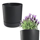 KADAX Blumentopf mit Untersetzer, Pflanzentopf aus Kunststoff, Minimalistischer Pflanzkübel, Dekorativer Topf für Blumen, Kakteen und Kräuter (17cm, Anthrazit)