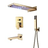 Riyyow LED Regen Duschsystem mit 2 Funktionen Duschkopf, Messing Dusche Combo Set Gold Dusche Wasserhahn Set mit Handheld Dusche, Wandmontage-Regenmischer-Duschkombination mit Wanne-Auslauf