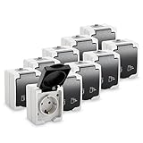greate 10x Aufputz Steckdose 1fach für Feuchtraum - AP Steckdose mit Klappdeckel IP44, 250V, 16A, 2 polig - Aufputz Steckdosen, Aufputzdose Außenbereich, Aufputzsteckdose 1fach, Außen Steckdose