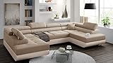 Ecksofa Miami U mit Schlaffunktion, Eckcouch mit Bettkasten, U Form Couch, Sofagarnitur mit Schalffunktion, 338 x 203 cm (Creme + Cremiger Kunstleder - EKO)