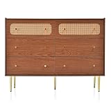 LATUAL 120x40x90cm Nussbaum Schubladenkommode Kommode mit 6 Schubladen,Rattan Sideboard Highboard für das Schlafzimmer,Wohnzimmer,Flur,Eingänge