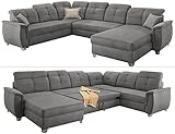 Wohnlandschaft U-Form, Gästebett mit Bettkasten, verstellbare Kopfstützen, Sofa mit Schlaffunktion, Relaxsofa, ca. 354 cm breit, Schenkelmaß 190/265 cm, Couch mit Microfaserstoff in Grau | 15112