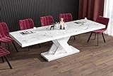 Design Esstisch Tisch HEN-111 Hochglanz ausziehbar 160 bis 256 cm (Marmoroptik/Weiß Hochglanz)
