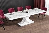 Design Esstisch Tisch HEN-111 Hochglanz ausziehbar 160 bis 256 cm (Marmoroptik/Weiß Hochglanz)