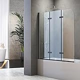 Duschwand für Badewanne Faltbar 130 x 140 cm 3 teilig Faltbar mit 6mm Sicherheitsglas NANO Beschichtung Faltwand,Schwarz Aluminiumrahmen, leicht zu Reinigen