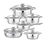 Velaze Topfset Induktionsherd, Serie Motti, Kochtopf Set Induktion, 12-teilige Topf- und Pfannensets aus Edelstahl, Pfanne mit Glasdeckel, Töpfe Set Geeignet für alle Herdarten, Unbeschichtet